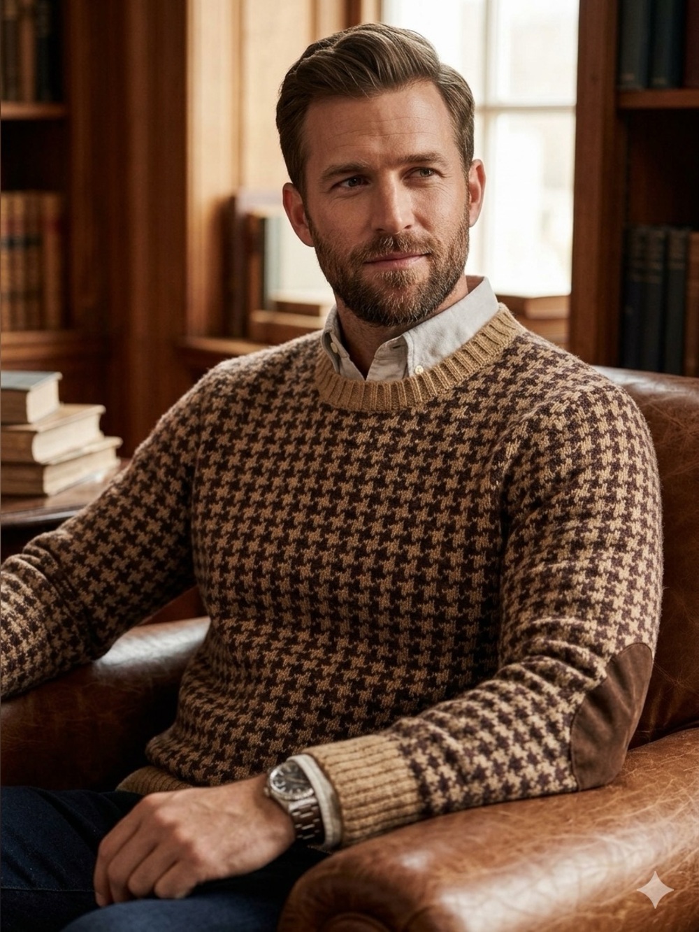 Tommy Hilfiger Shetland Wool Brown Houndstooth Crewneck Knit Sweater